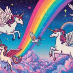 Image inspired by Lisa Frank-style rainbows, unicorns, pegasus.