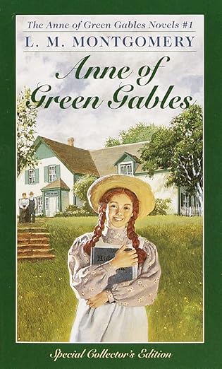 Forest green 1982 paperback edition of Anne of Green Gables by L. M. Montgomery, showing Anne Shirley in front of Green Gables holding a book.