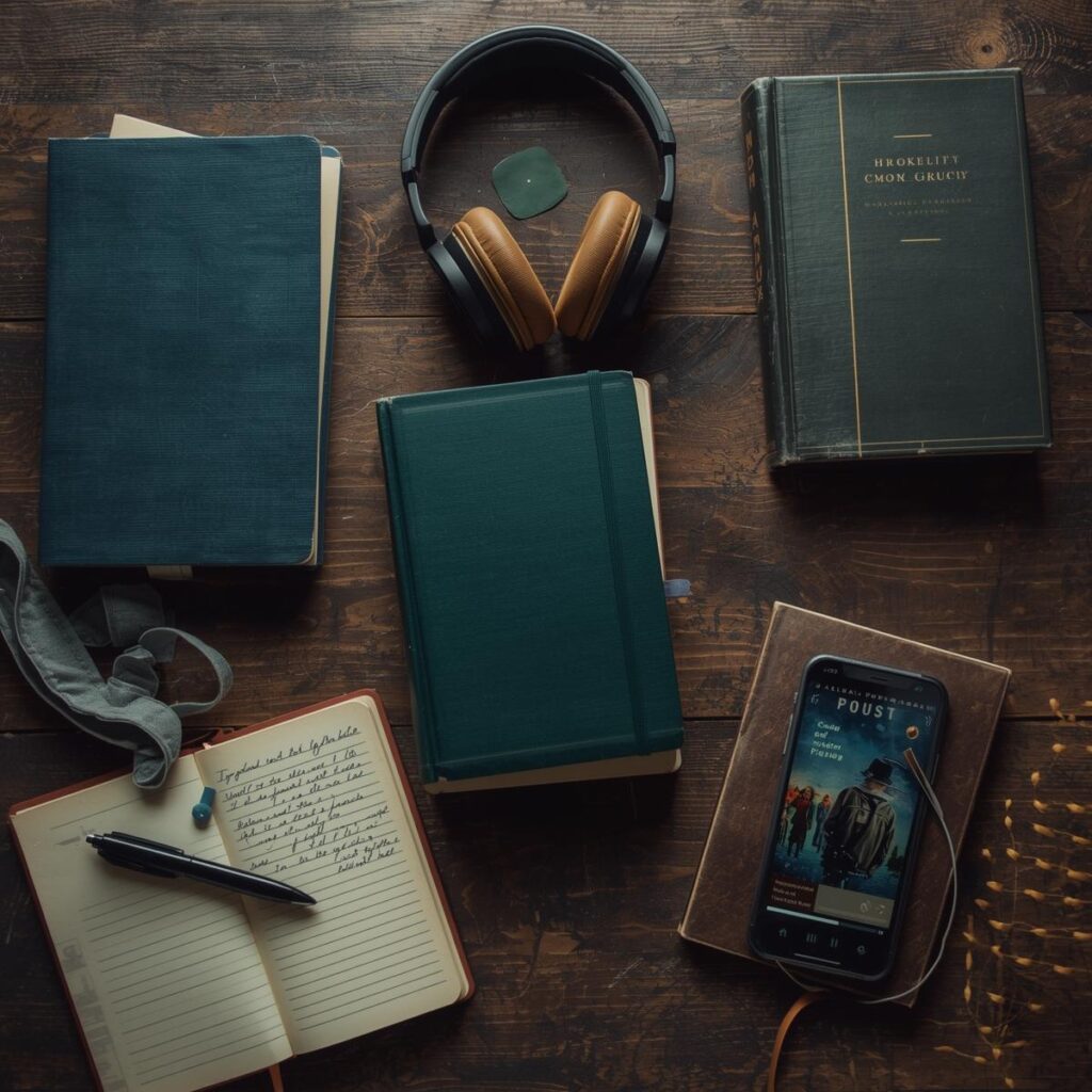 Flat lay on a wooden desk with books, an empty journal, headphones, a pen, and a smartphone with a podcast cover