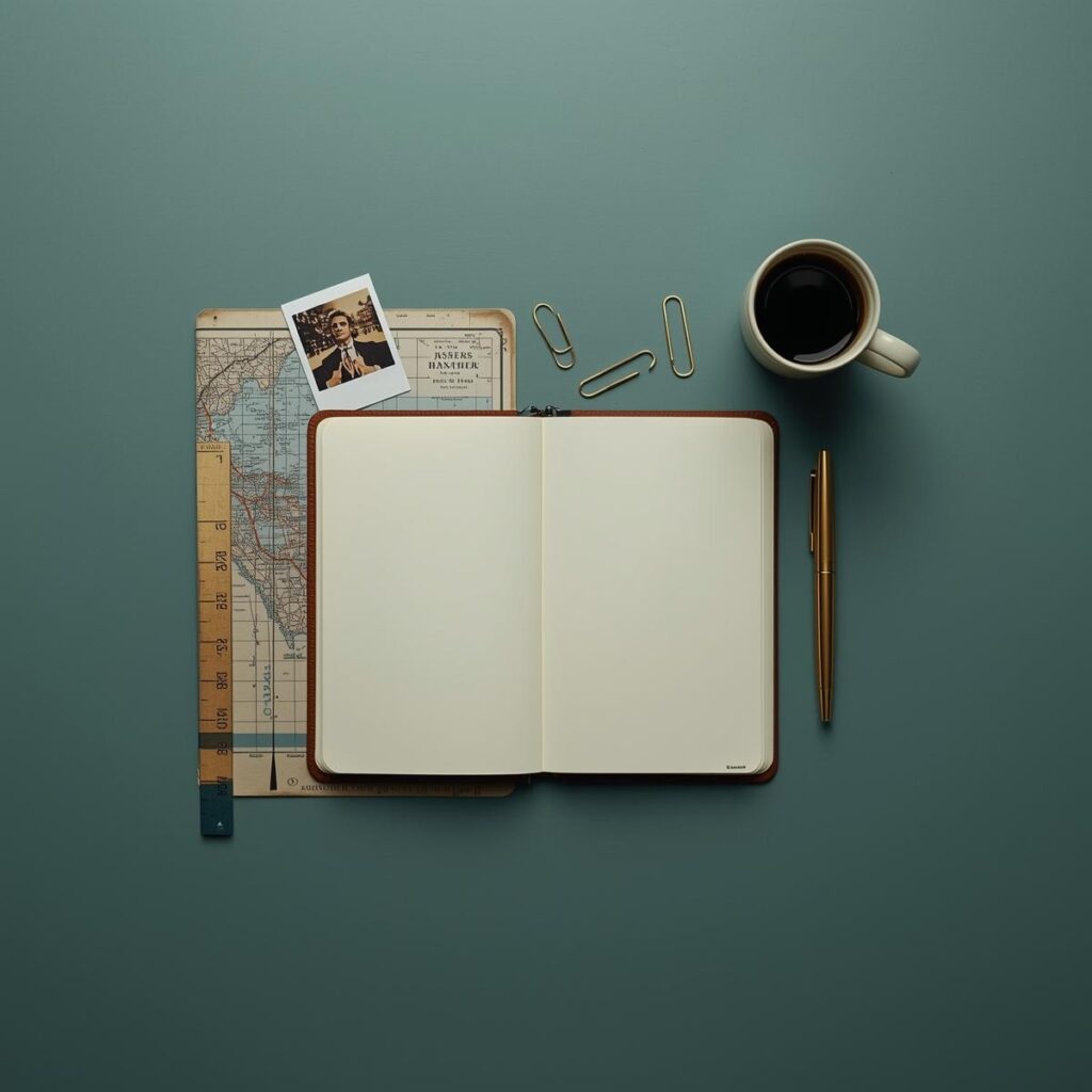 Flat-lay from above: journal open to blank page, gold fountain pen, vintage map, Polaroid, ruler, cream coffee cup, on a muted teal surface.