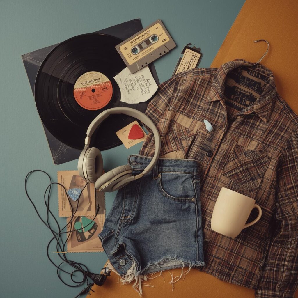 Flat-lay of retro '80s and '90s gear, including a flannel shirt, headphones, vinyl record, cassette tape, denim cutoff shorts, and concert tickets