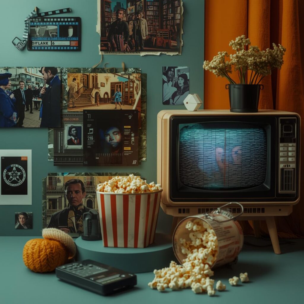 Collage of vintage film stills, retro VHS cassette, streaming app remote, 1980s era television set, popcorn bucket with spilled kernels, using muted teal, warm cream, and goldenrod accent objects, nostalgic ambient lighting