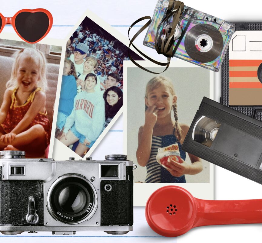 Vintage items from the '70s-'90s on a notebook paper page, including a camera, phone, cassette tape, polaroids, VHS tape, and sunglasses