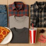 Flannel shirts, jeans, t-shirts, sunglasses, movie tickets, slice of pepperoni pizza, and a fountain soda flat-laid on a light wood surface.