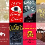 Collage of controversial and challenged books that defined Gen X, including covers of 1984, The Handmaid’s Tale, The Giver, Flowers in the Attic, and more.