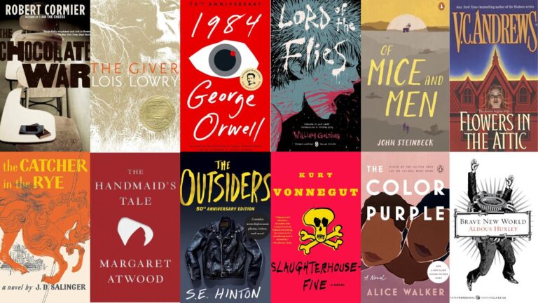 Collage of controversial and challenged books that defined Gen X, including covers of 1984, The Handmaid’s Tale, The Giver, Flowers in the Attic, and more.