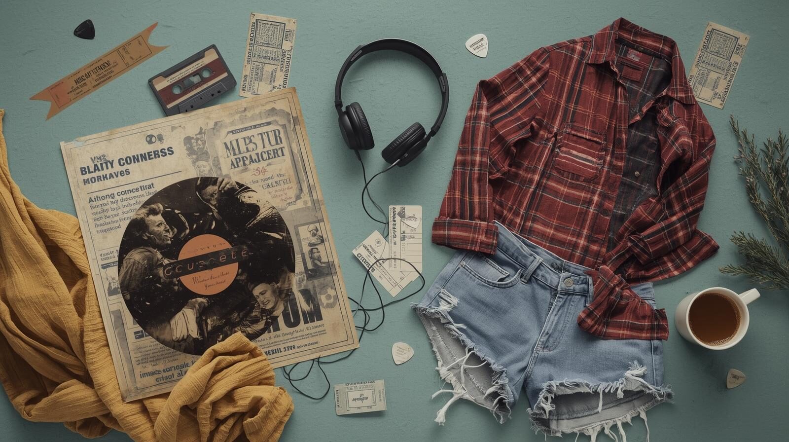 Variety of Gen X nostalgia items, like a flannel shirt, denim cut-offs, a vinyl record, headphones, and a ticket stub.