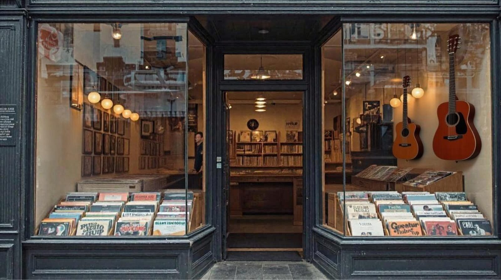 Vintage music store storefront with vinyl records and guitars