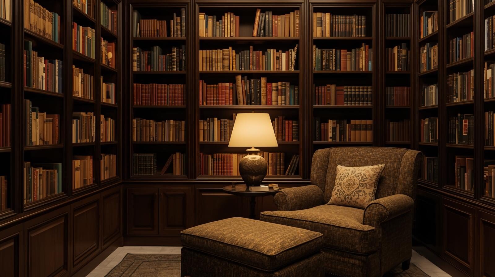 Cozy reading nook with warm wood bookshelves, an arm chair, and a side table with a lamp.
