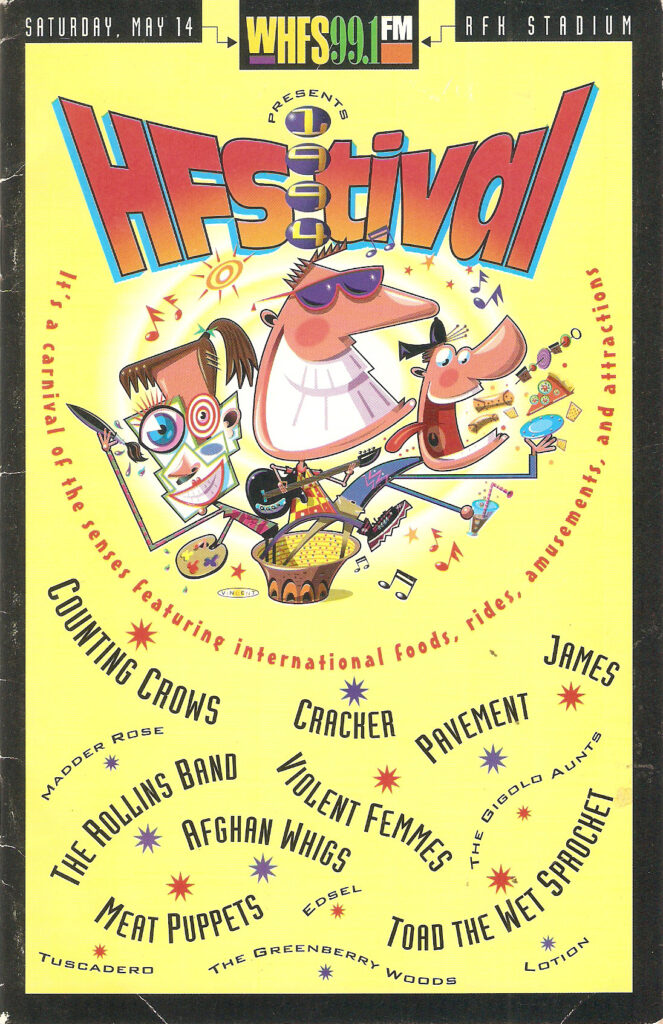 Cover art for the HFStival 1994 brochure, with the names of the bands on the front and cartoon-style artwork on a yellow background.
