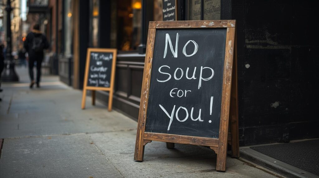 Image showing an easel-style chalkboard sign on the sidewalk outside a NYC street. It's set up in front of a small soup counter restaurant. The chalkboard sign has the phrase "No soup for you!" written on it, referencing the iconic Seinfeld episode.