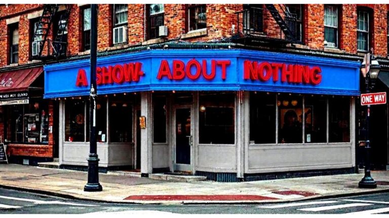 Street-corner diner styled like Tom’s Restaurant with a bright blue sign reading ‘A Show About Nothing,’ referencing the sitcom Seinfeld.