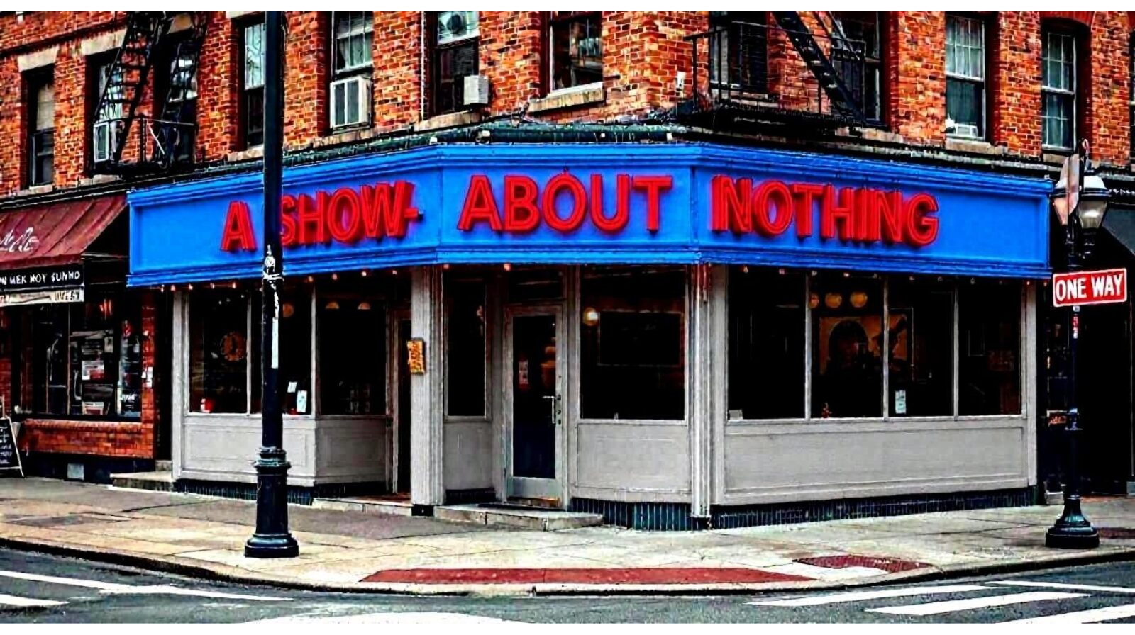 Street-corner diner styled like Tom’s Restaurant with a bright blue sign reading ‘A Show About Nothing,’ referencing the sitcom Seinfeld.