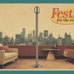 Retro living room with an aluminum Festivus pole and ‘Festivus for the rest of us!’ in a Seinfeld-inspired vintage design.