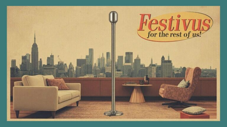 Retro living room with an aluminum Festivus pole and ‘Festivus for the rest of us!’ in a Seinfeld-inspired vintage design.