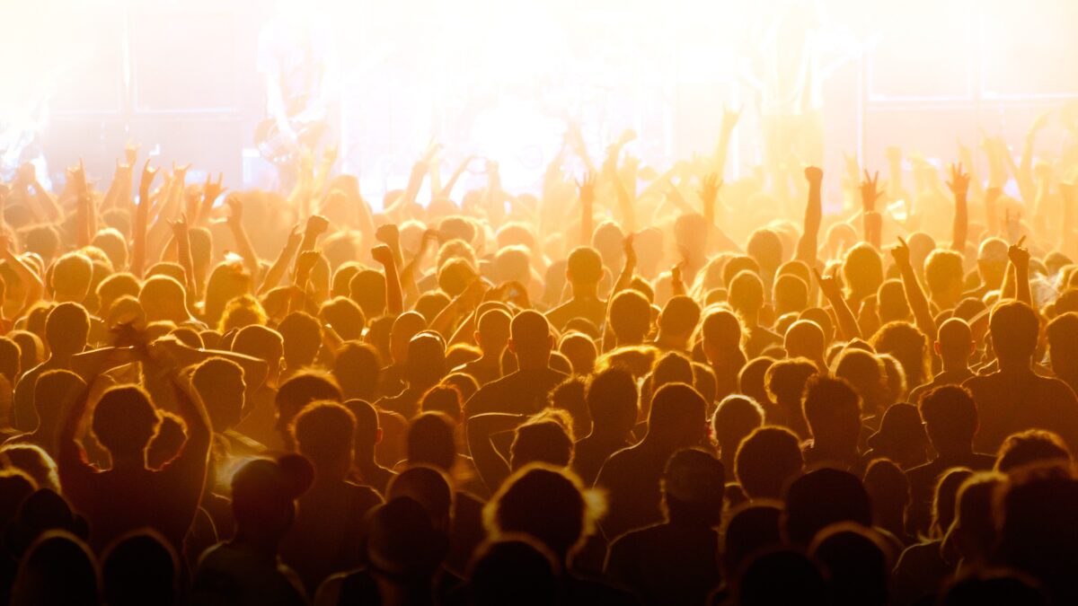 Crowd at a large outdoor 1990s-era music festival with raised hands and stage lights, capturing the scale and energy of alternative rock festivals