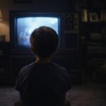 Child sitting on the floor watching an old television in a dimly lit living room