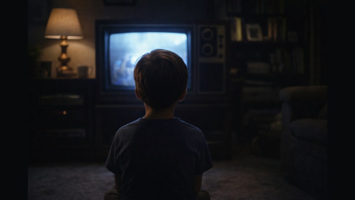 Child sitting on the floor watching an old television in a dimly lit living room