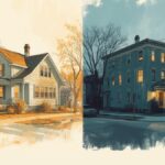 Illustrated split image contrasting warm suburban 1980s home with cooler urban 1990s building to represent the shift in sitcom tone.