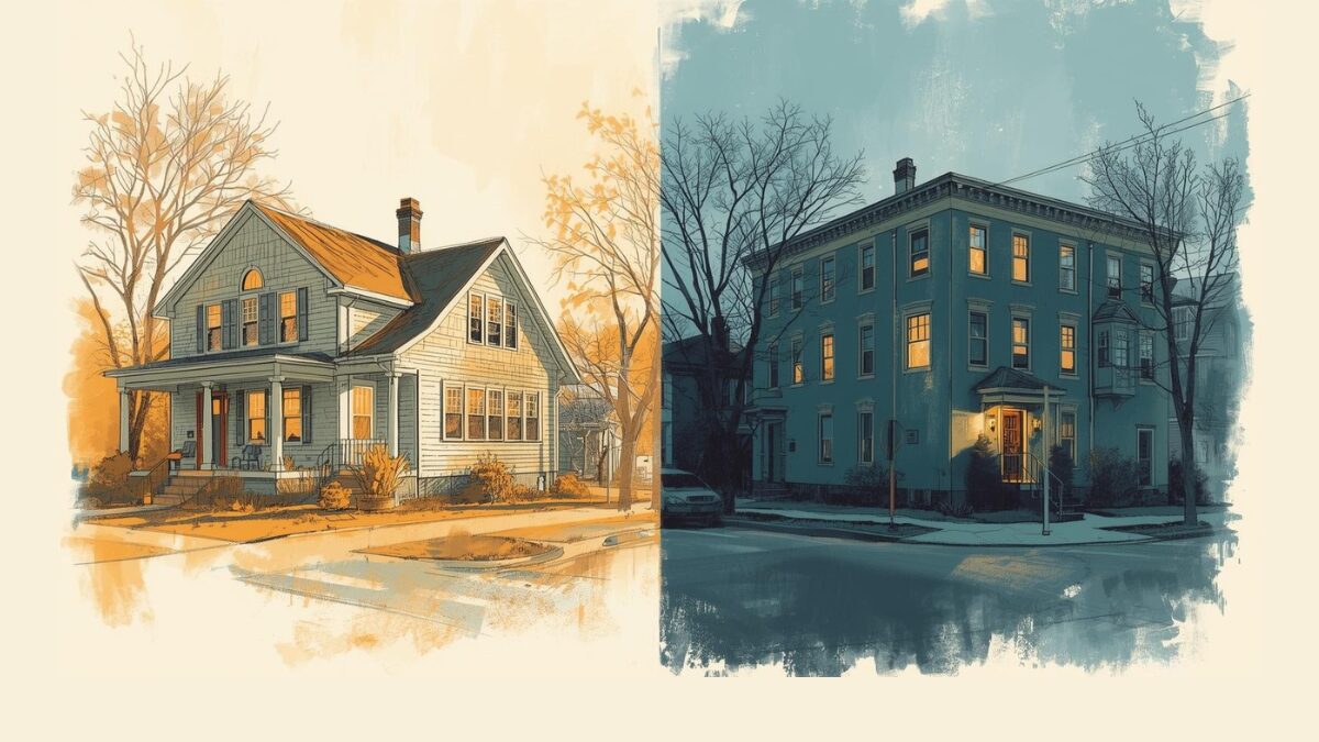 Illustrated split image contrasting warm suburban 1980s home with cooler urban 1990s building to represent the shift in sitcom tone.