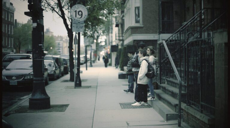 Teenagers standing on a city sidewalk in a moody, 1990s-inspired urban setting