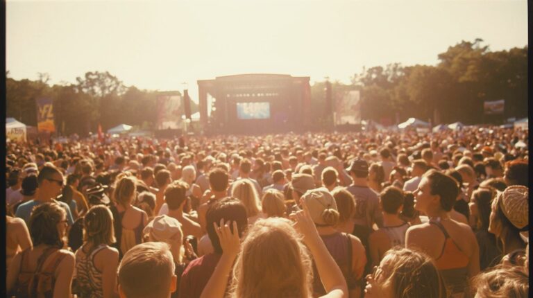 Large crowd at an outdoor 1990s music festival facing a distant stage in warm sunlight