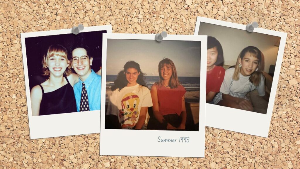 Gen X teenagers with friends in the early 1990s, Polaroid-style photos representing mall culture and teen social life before smartphones.