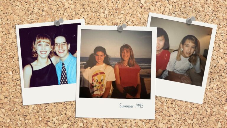 Gen X teenagers with friends in the early 1990s, Polaroid-style photos representing mall culture and teen social life before smartphones.