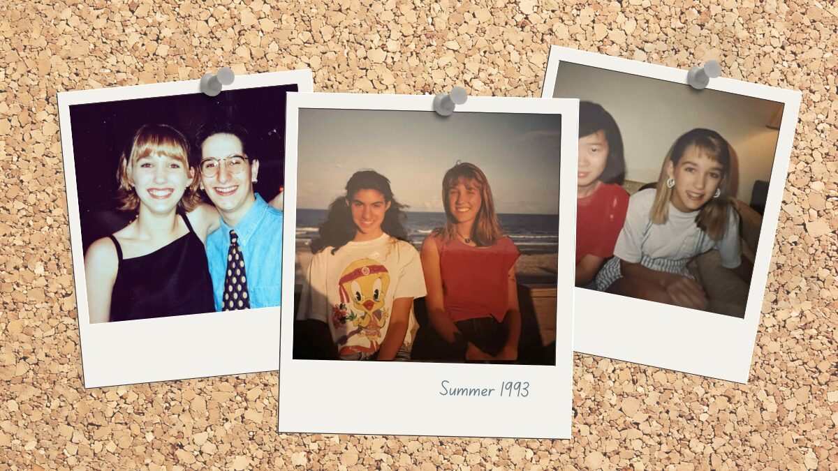Gen X teenagers with friends in the early 1990s, Polaroid-style photos representing mall culture and teen social life before smartphones.