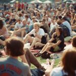 Crowd sitting on blankets at a 1990s-style outdoor music festival