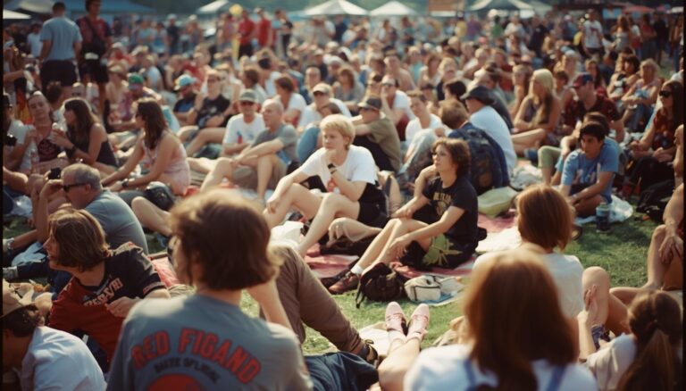 Crowd sitting on blankets at a 1990s-style outdoor music festival