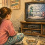 Girl sitting on the floor watching Saturday morning cartoons on a vintage TV, with a bowl of cereal in a 1980s living room