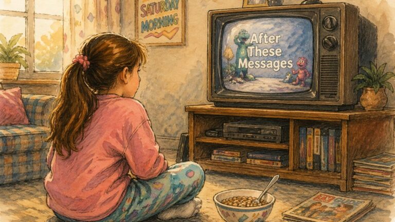 Girl sitting on the floor watching Saturday morning cartoons on a vintage TV, with a bowl of cereal in a 1980s living room