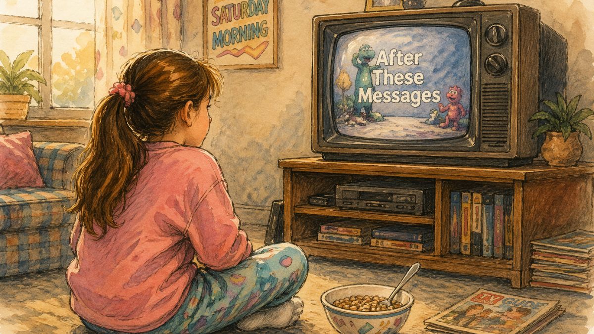 Girl sitting on the floor watching Saturday morning cartoons on a vintage TV, with a bowl of cereal in a 1980s living room