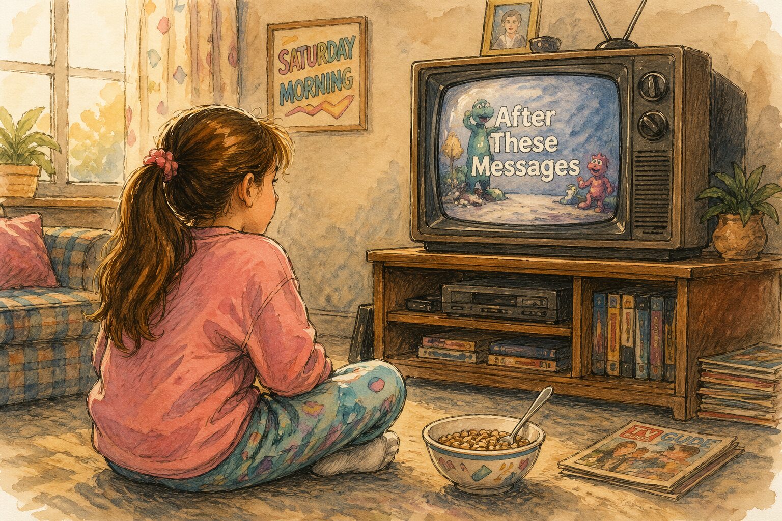 Girl sitting on the floor watching Saturday morning cartoons on a vintage TV, with a bowl of cereal in a 1980s living room