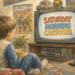 Illustration of a child watching Saturday morning cartoons on a CRT TV in a cozy 1980s–90s living room with cereal, toys, and retro decor