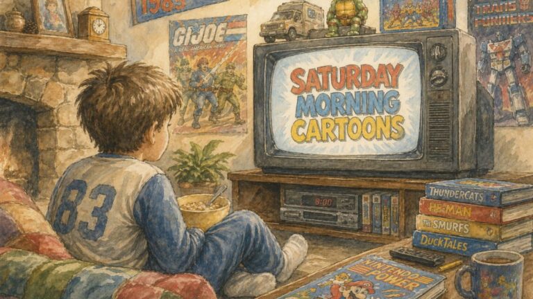 Illustration of a child watching Saturday morning cartoons on a CRT TV in a cozy 1980s–90s living room with cereal, toys, and retro decor