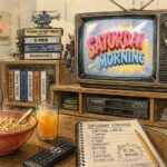 Retro living room with an old TV displaying 'Saturday Morning,' a bowl of cereal and orange juice on the table, and a notebook listing cartoons like X-Men and Animaniacs.