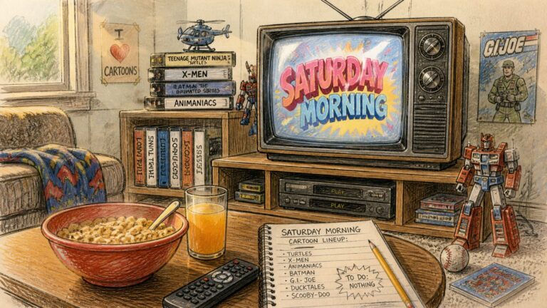 Retro living room with an old TV displaying 'Saturday Morning,' a bowl of cereal and orange juice on the table, and a notebook listing cartoons like X-Men and Animaniacs.