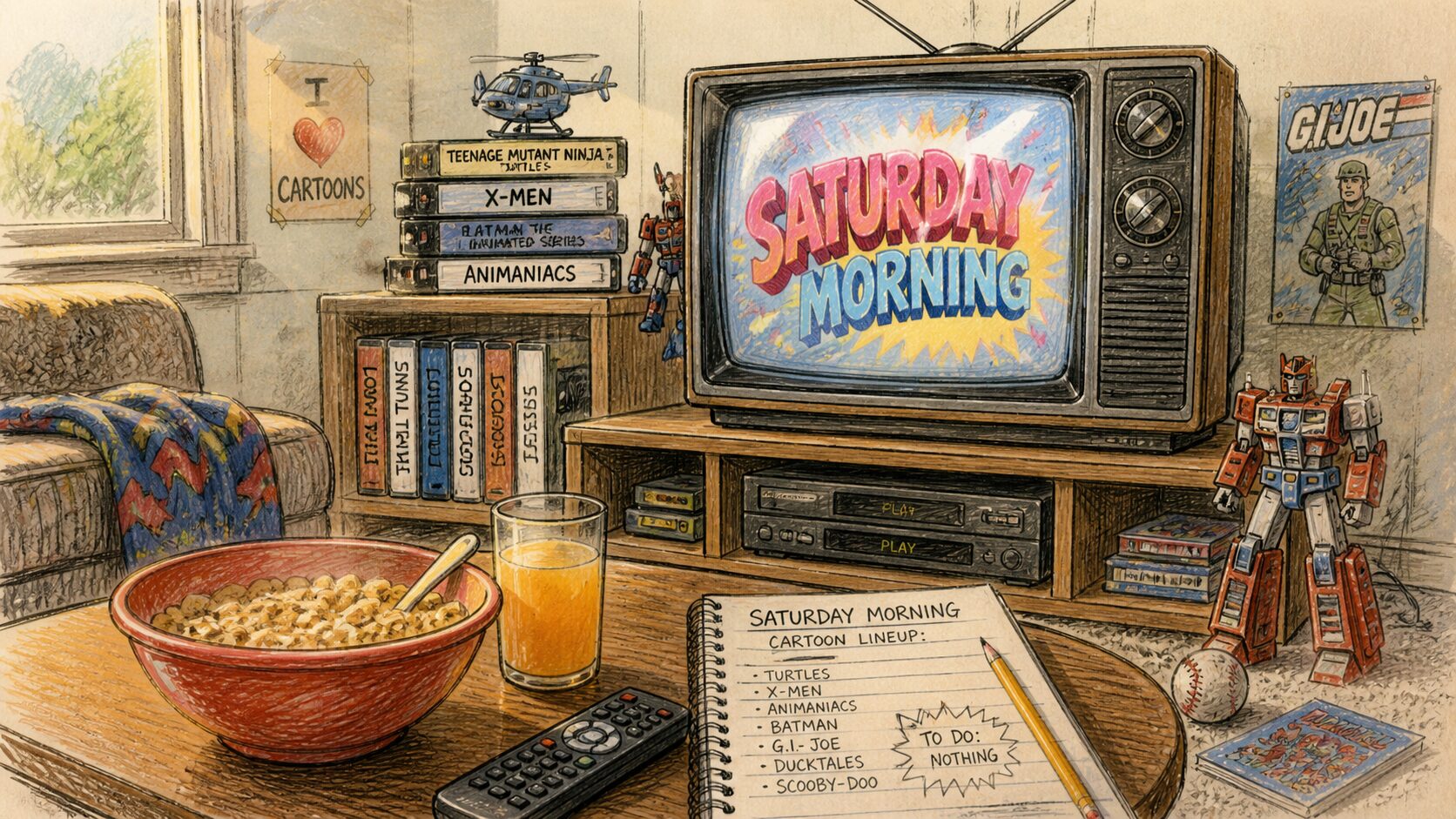 Retro living room with an old TV displaying 'Saturday Morning,' a bowl of cereal and orange juice on the table, and a notebook listing cartoons like X-Men and Animaniacs.