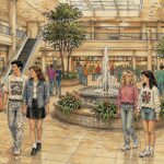 Illustration of teenagers and shoppers walking through a busy indoor shopping mall with a fountain and escalators in the late 1980s or early 1990s.