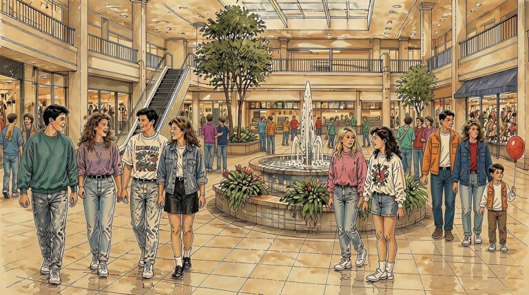 Illustration of teenagers and shoppers walking through a busy indoor shopping mall with a fountain and escalators in the late 1980s or early 1990s.
